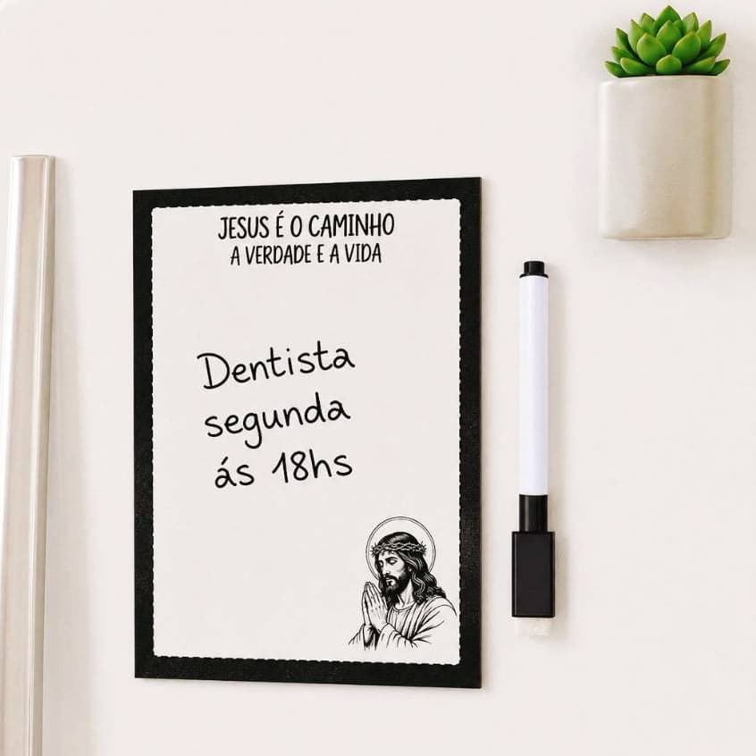 Imã de Geladeira Lousa Magnética Cristã Jesus é o Caminho + Caneta Quadro Branco com Apagador e Imã Lembrancinha Deus