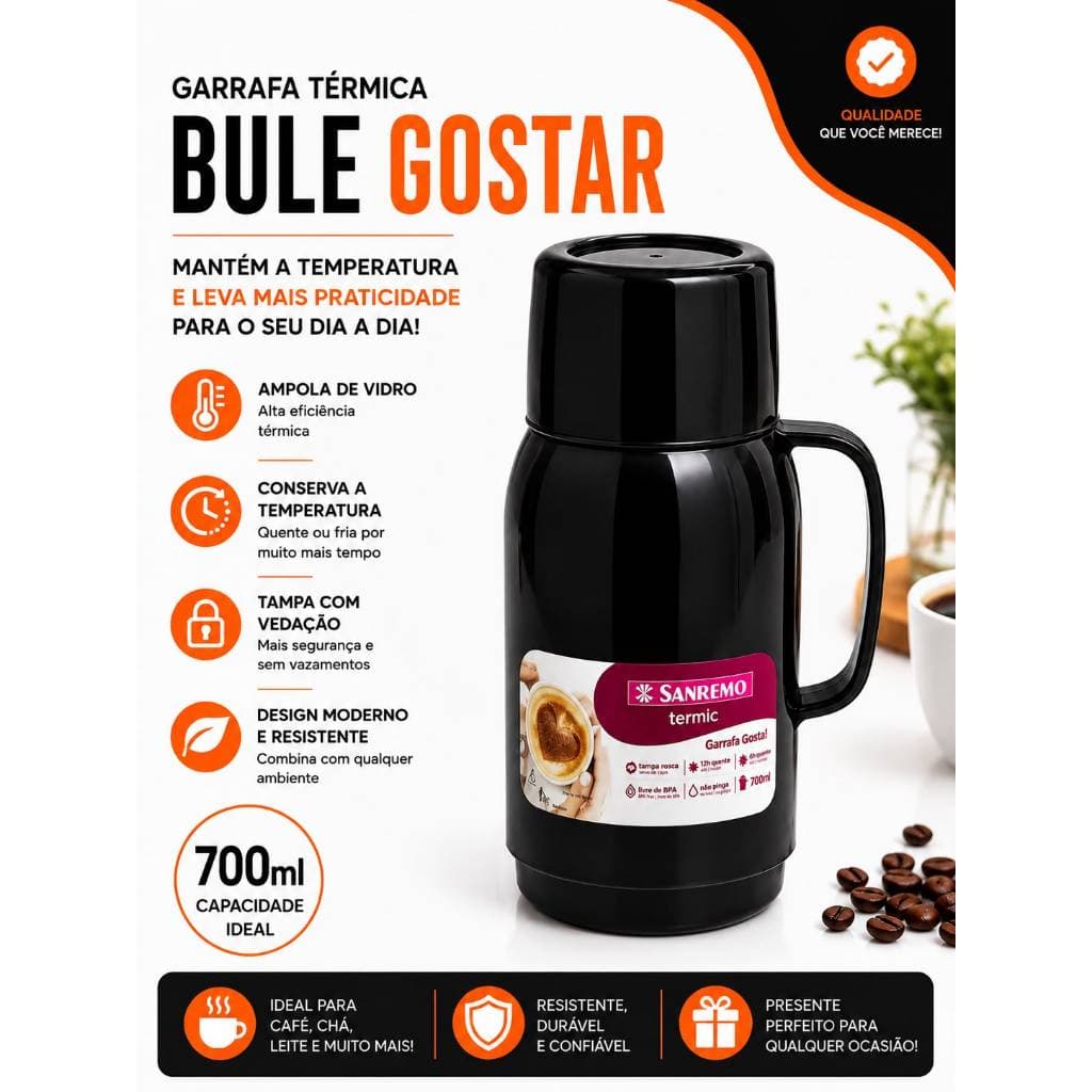Garrafa Térmica Sanremo Bule Gostar 700ml Preta – Café, Chá e Bebidas Quentes ou Frias
