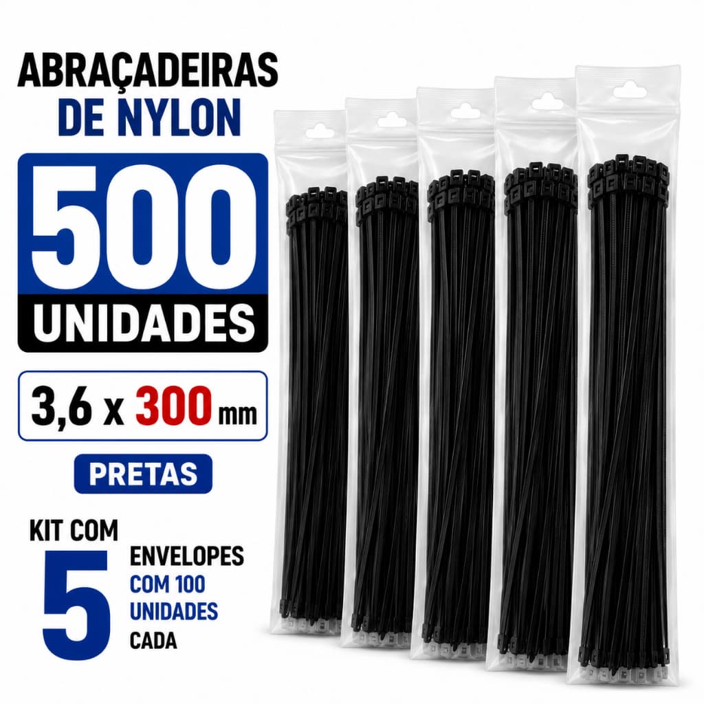 Kit 500 Abraçadeiras de Nylon 3,6x300mm Pretas Enforca Gato para Cabos Fixação e Organização