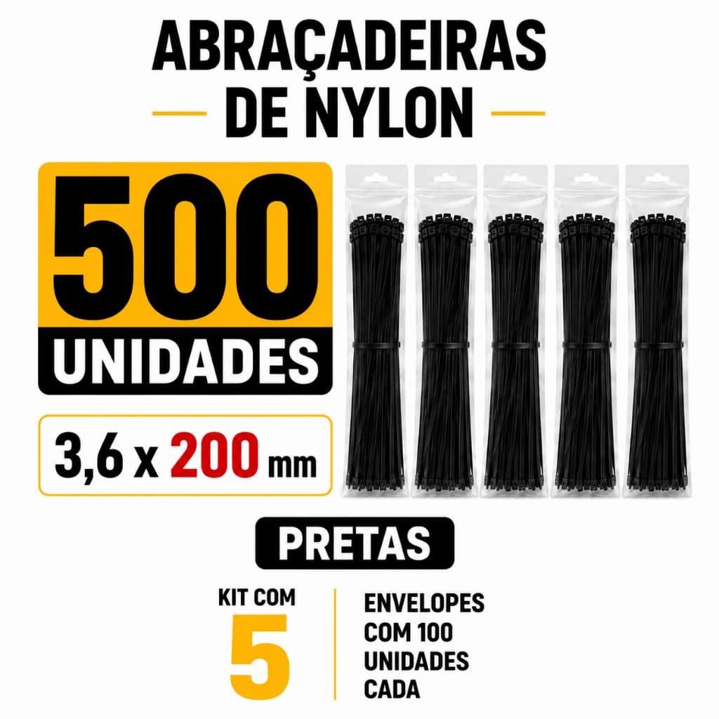 Kit 500 Abraçadeiras de Nylon 3,6x200mm Pretas Enforca Gato para Cabos Fixação e Organização