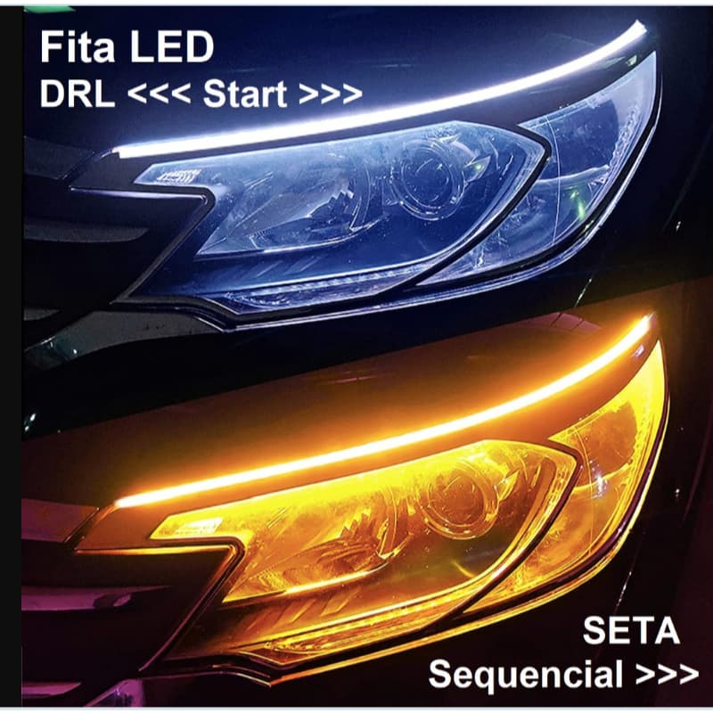 Fita LED DRL 60cm Branco Efeito Start + Seta/Pisca Sequencial Amarelo Âmbar 12V Externo