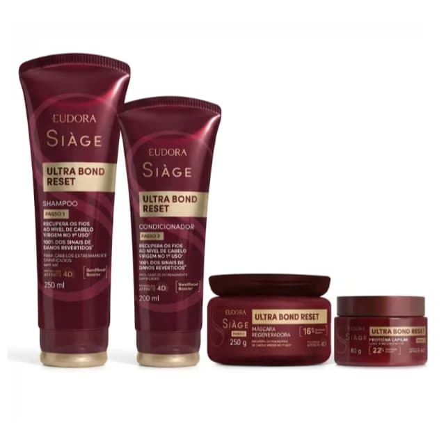 Siàge Ultra Bond Reset Eudora: Shampoo, Condicionador, Máscara e Leave in.