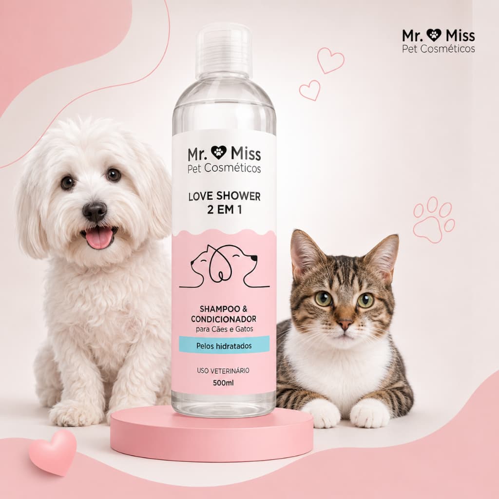 Shampoo e Condicionador Pet Mr. & Miss Love Shower 2 em 1 500ml Cães e Gatos | kit Pelos Hidratados, Macios e Perfumados