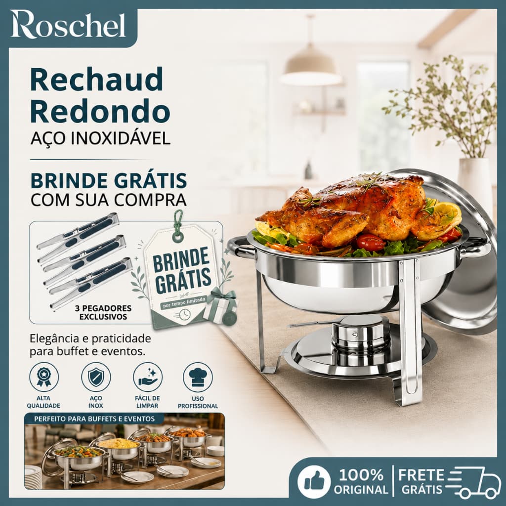 Rechaud Inox 6L Buffet Aquecedor de Alimentos com Tampa Profissional Cozinha e Restaurante
