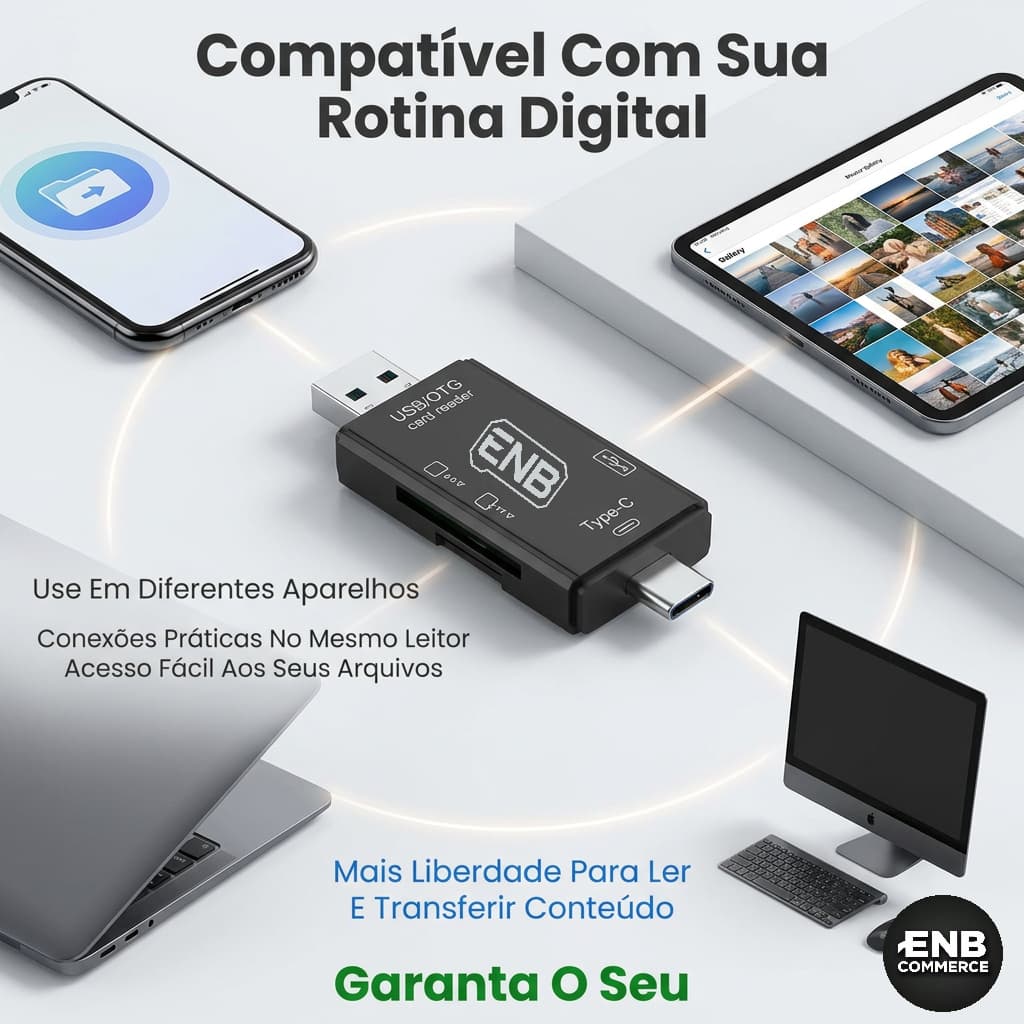 Leitor de Cartões 6 em 1 Sd e Micro Sd OTG Tipo C Usb e Micro Compativel Tablet Iphone Computador Notebook