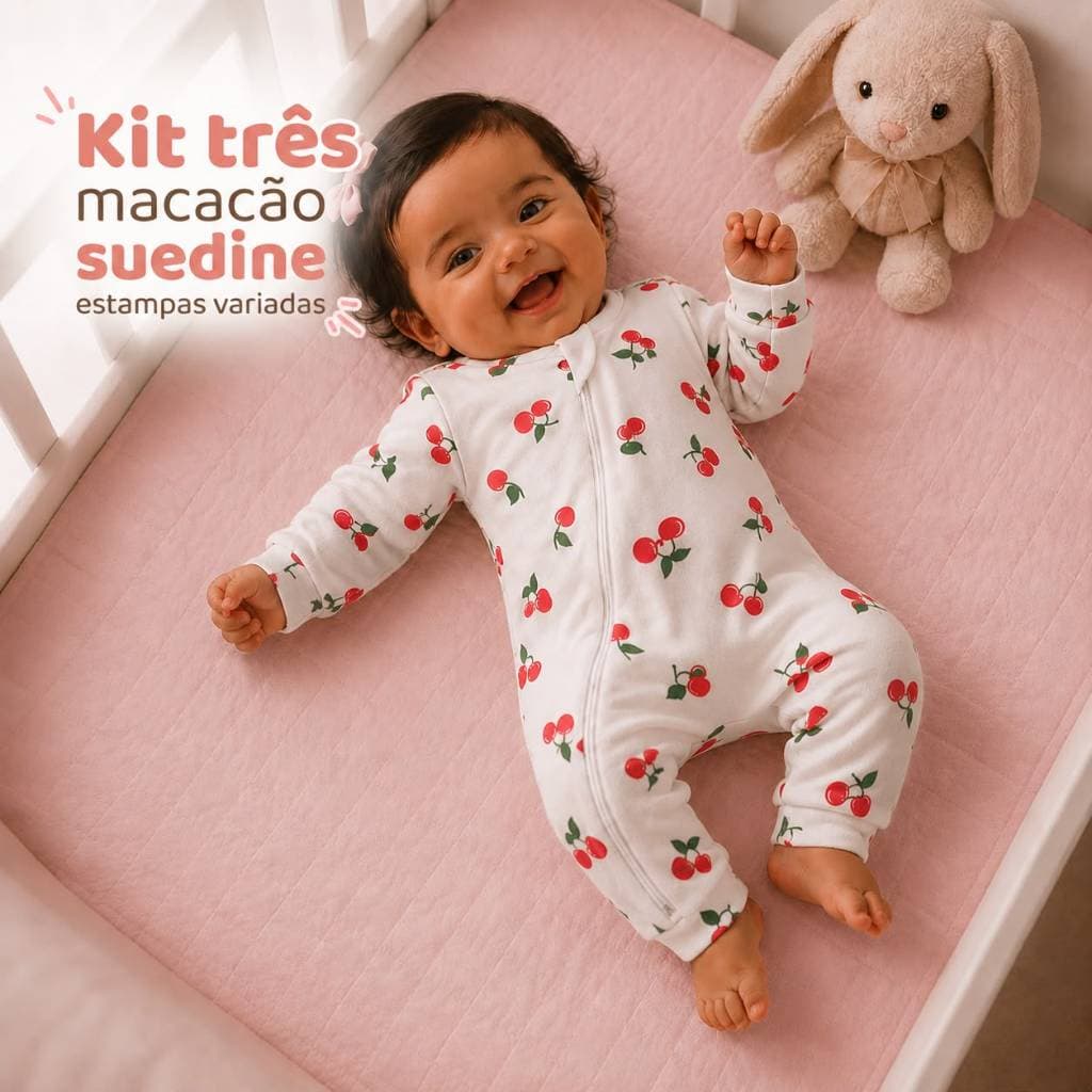 Macacão Bebê Menina Tecido Premium Suedine 100% Algodão Com Zíper Kit com 1 Unidade e 3 Unidades Estampas Variadas