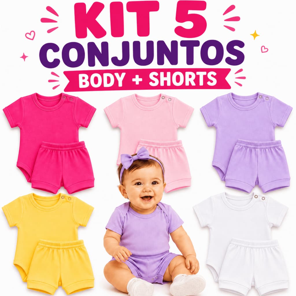 Kit 10 Peças Roupa Bebê Menina Conjunto Body e Short Enxoval Cores Lisas RN P M G Verão 5 Conjuntos