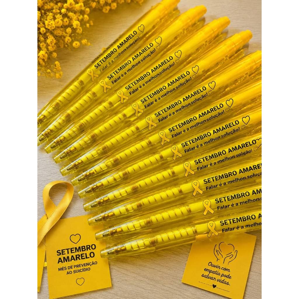 Caneta Plástica Personalizada Setembro Amarelo - Kit com 15 Unidades