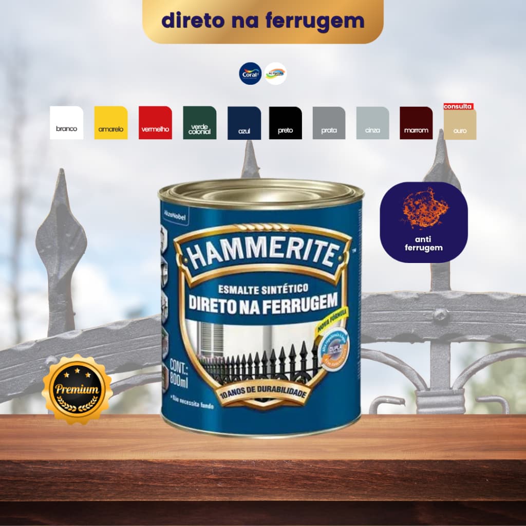 Tinta Hammerite Esmalte Direto na Ferrugem 3 em 1 Fundo AntiFerrugem e Acabamento Quartinho 800ml Escolha Cor