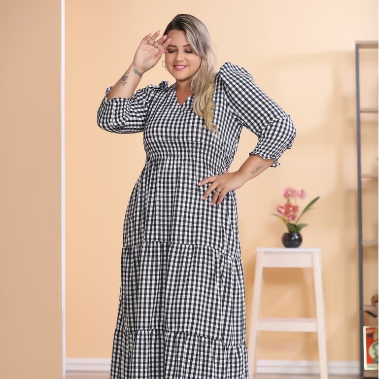 Vestido Longo Plus Size Feminino Xadrez Novo Manga Longa/COD:V64