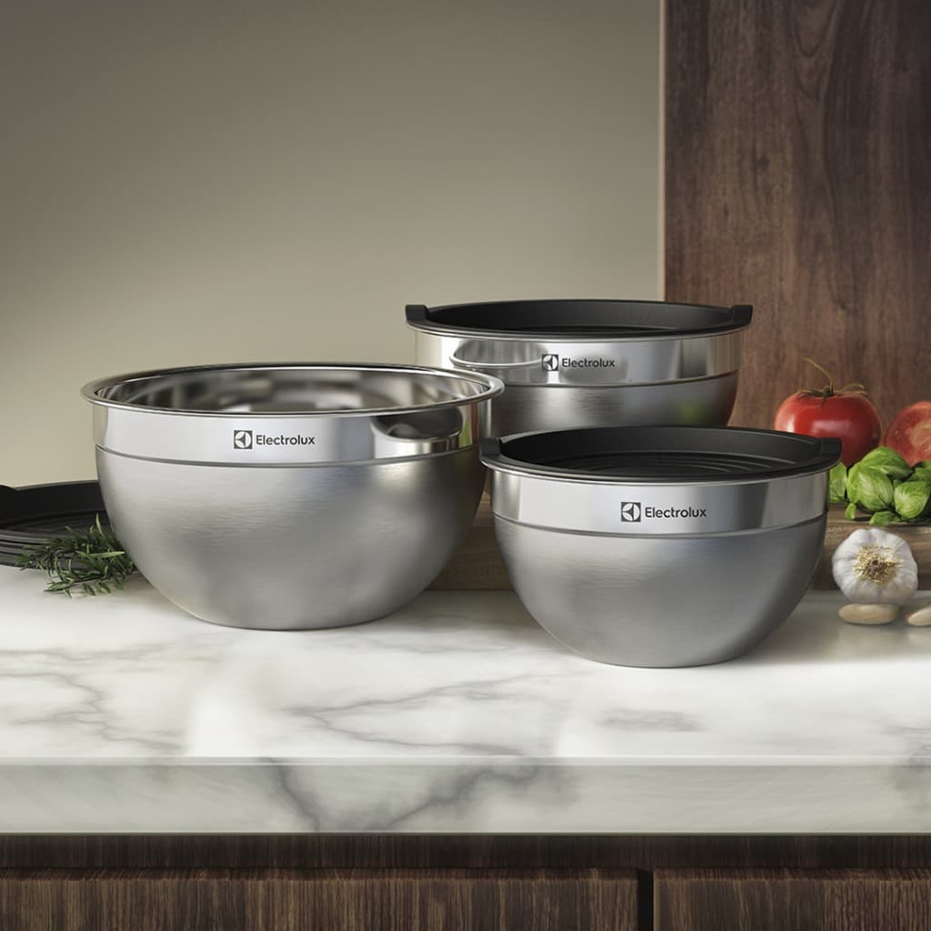 Kit 3 Bowls Tigelas Inox Electrolux com Tampa Plástica 1,4L 2L 2,6L Livre de BPA para Geladeira