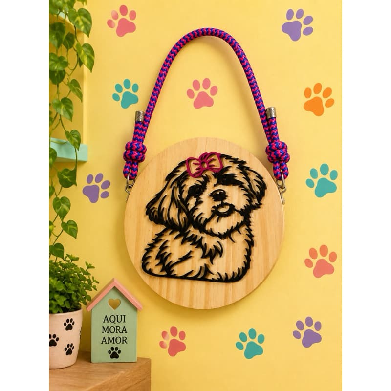 Placa Decorativa de Madeira Shih Tzu Femêa - Enfeite de Parede com Corda - Quadro Decoração Pet