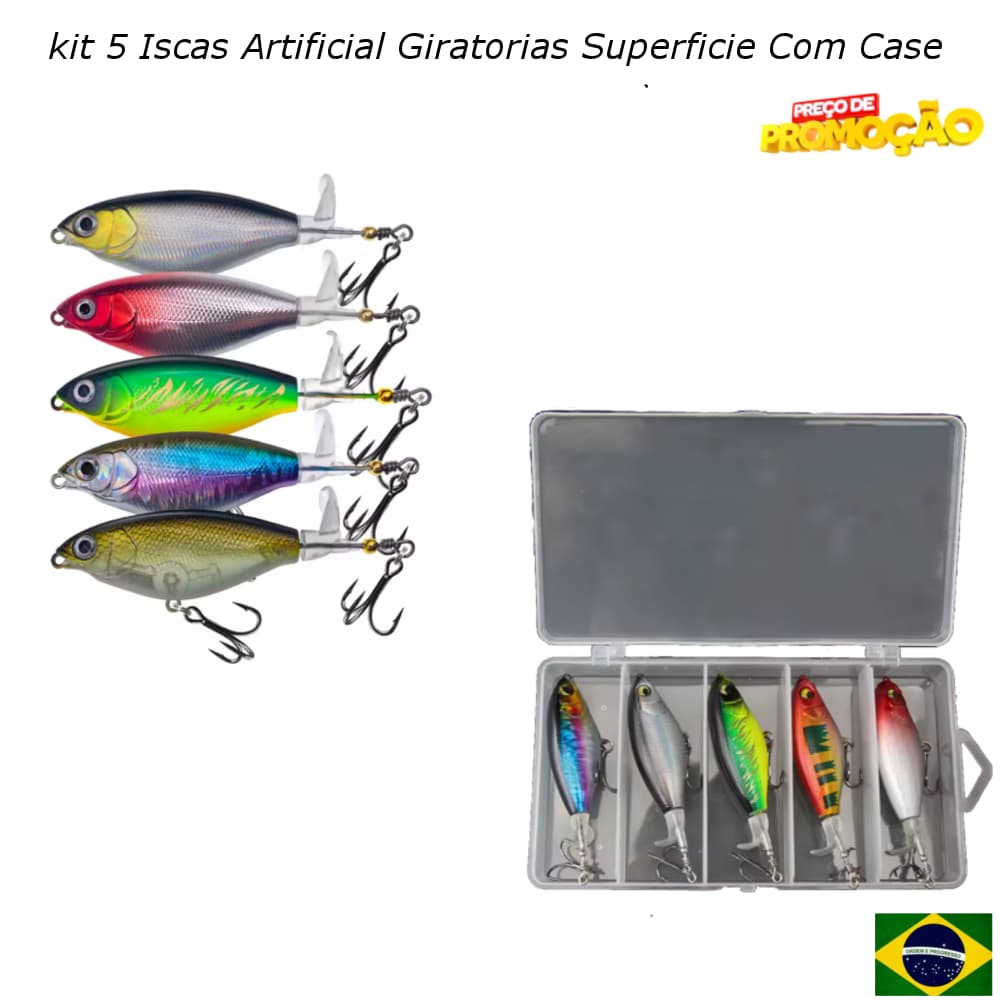 Kit 5 Iscas Artificial Giratoria de Superfírcie Com Case  (9 Cms x 6 Gramas) ou (11Cms x 10 Gramas)