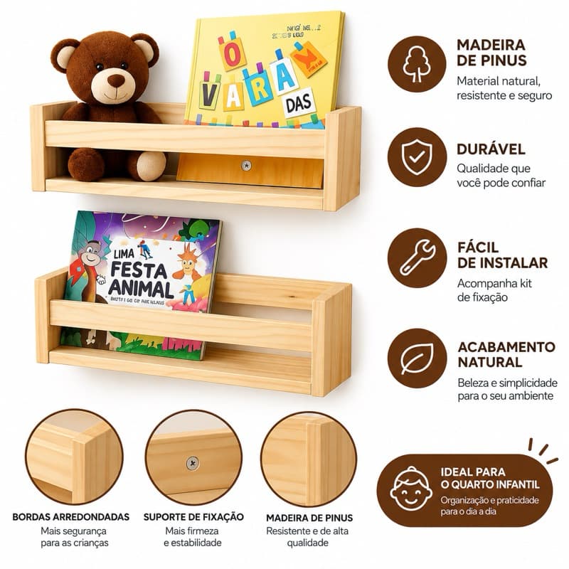 kit 2 Prateleira Porta Livros Infantil de Madeira Pinus – Organizador de Livros para Quarto Infantil