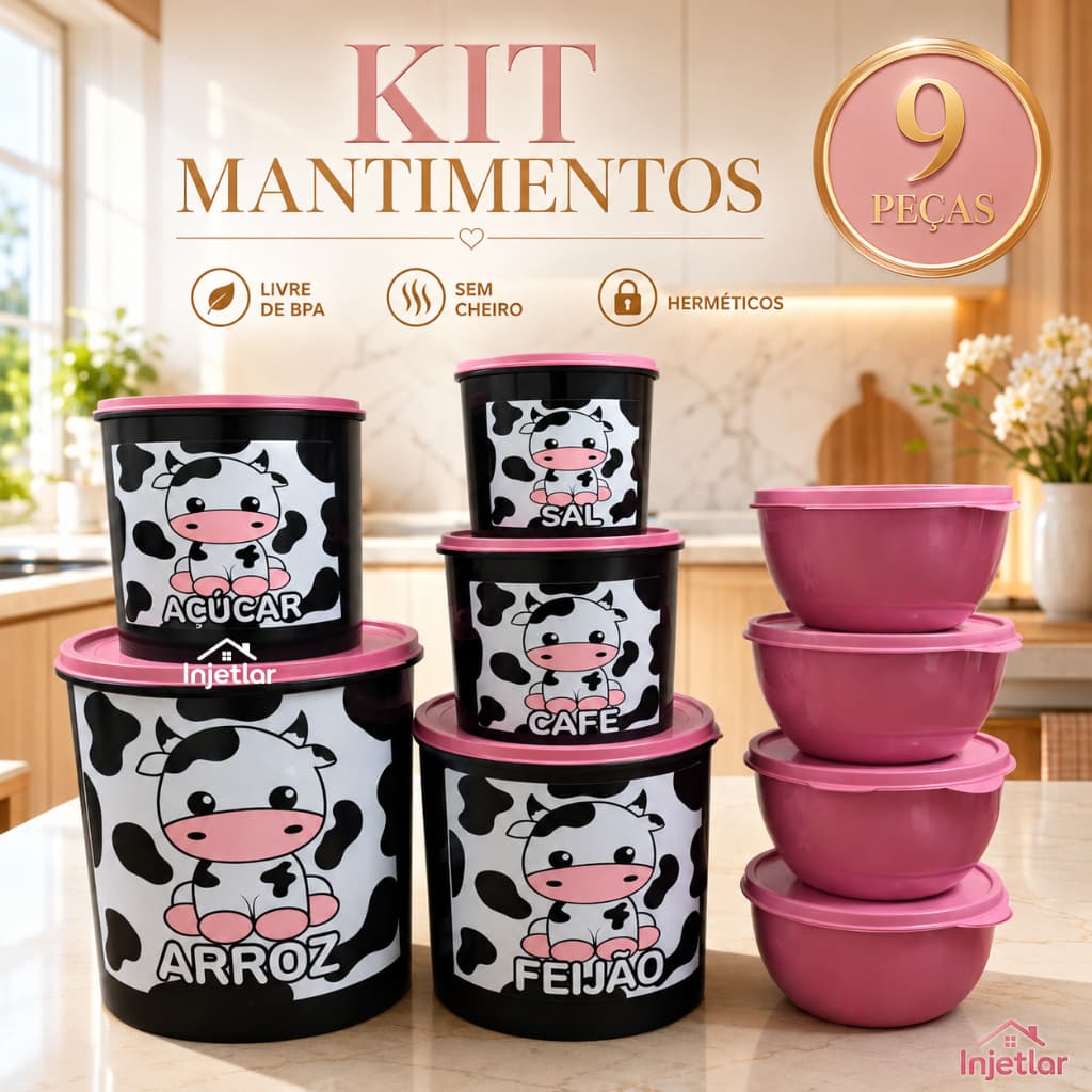 Kit potes para mantimentos de cozinha 5 peças + 4 potes redondos de plástico