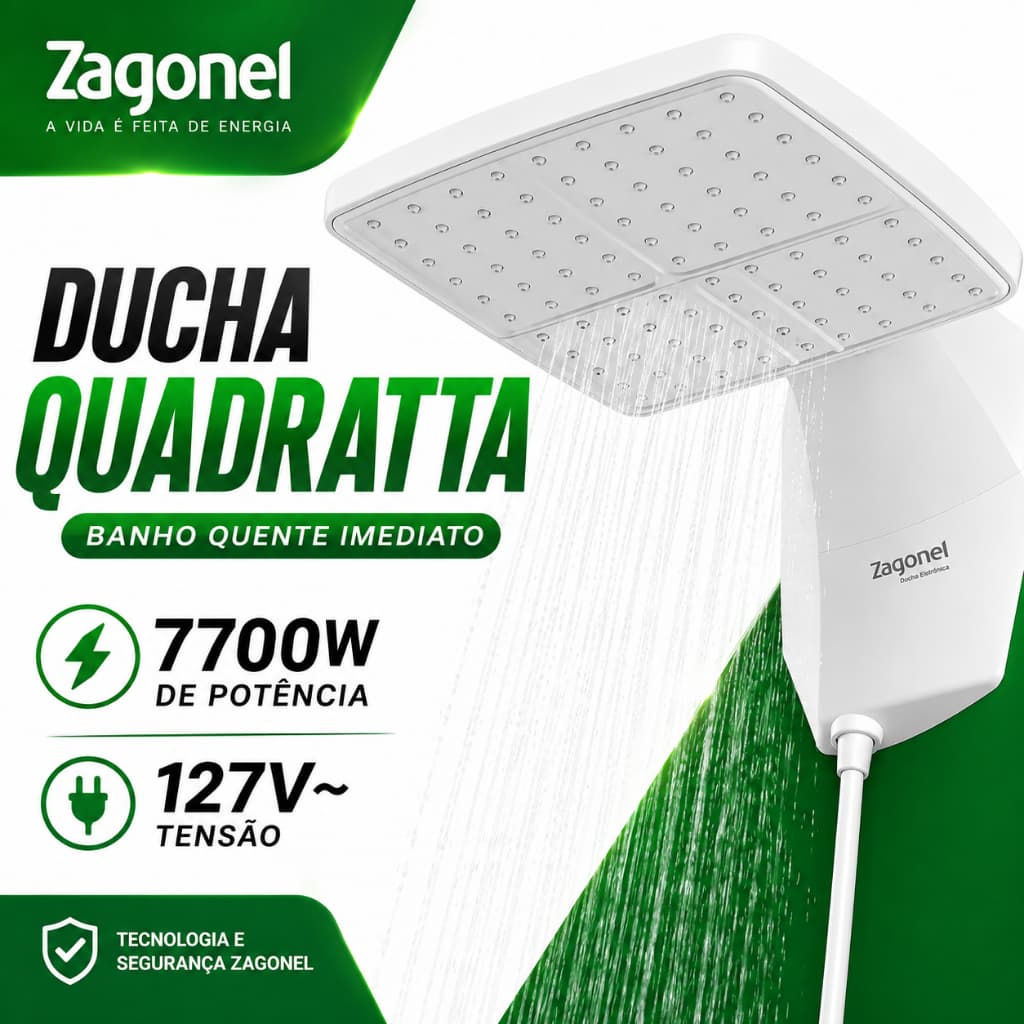 Ducha Quadratta Eletrônica Zagonel 5500W 127V Banho Quente Instantâneo Controle Temperatura moderno