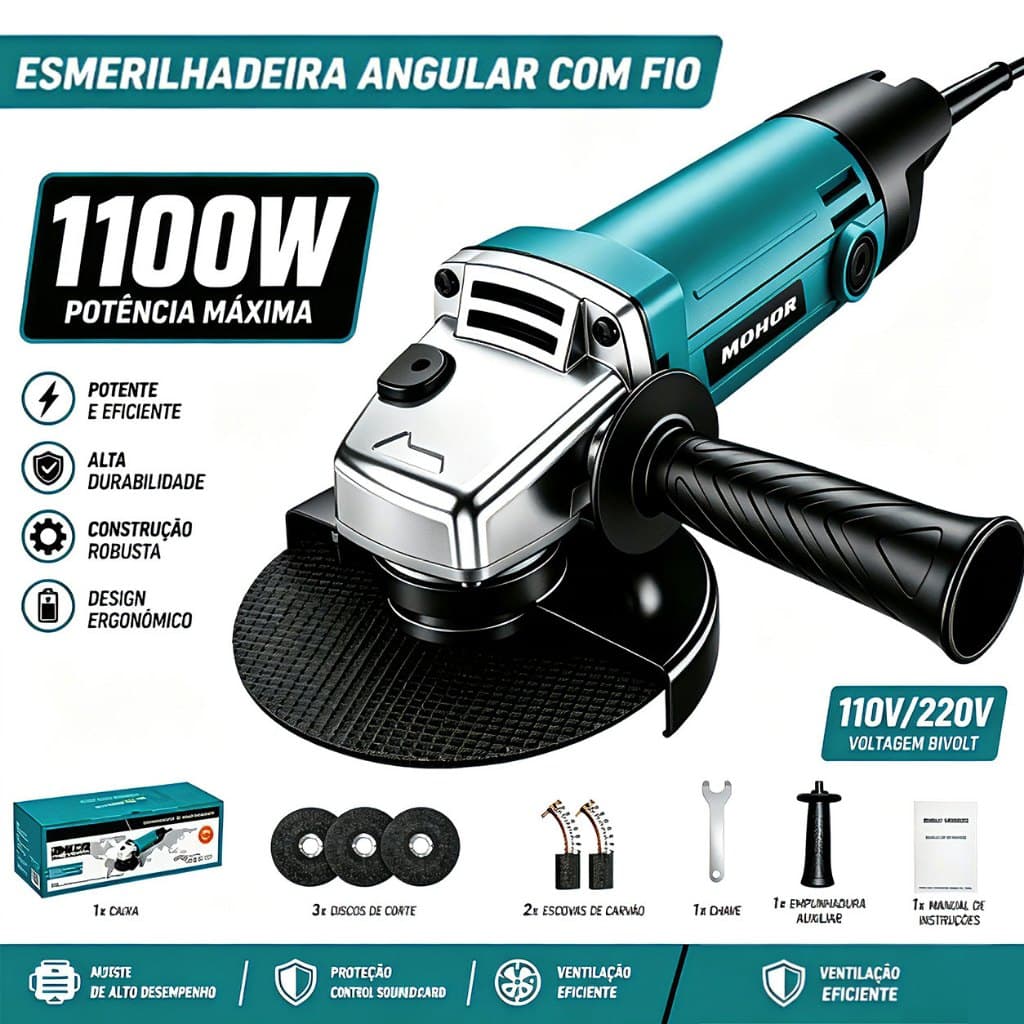 Esmerilhadeira 1100W Angular Grinder 115mm Elétrica Lixadeira Profissional 11000RPM Para Corte e Desbaste de Metal