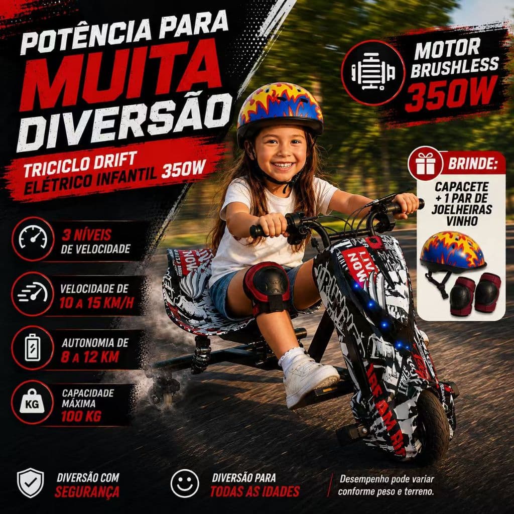 Patinete Elétrico 3 Rodas Triciclo Drift 350W LED Bluetooth 3 Velocidades Recarregável 6+ Anos + Kit Proteção