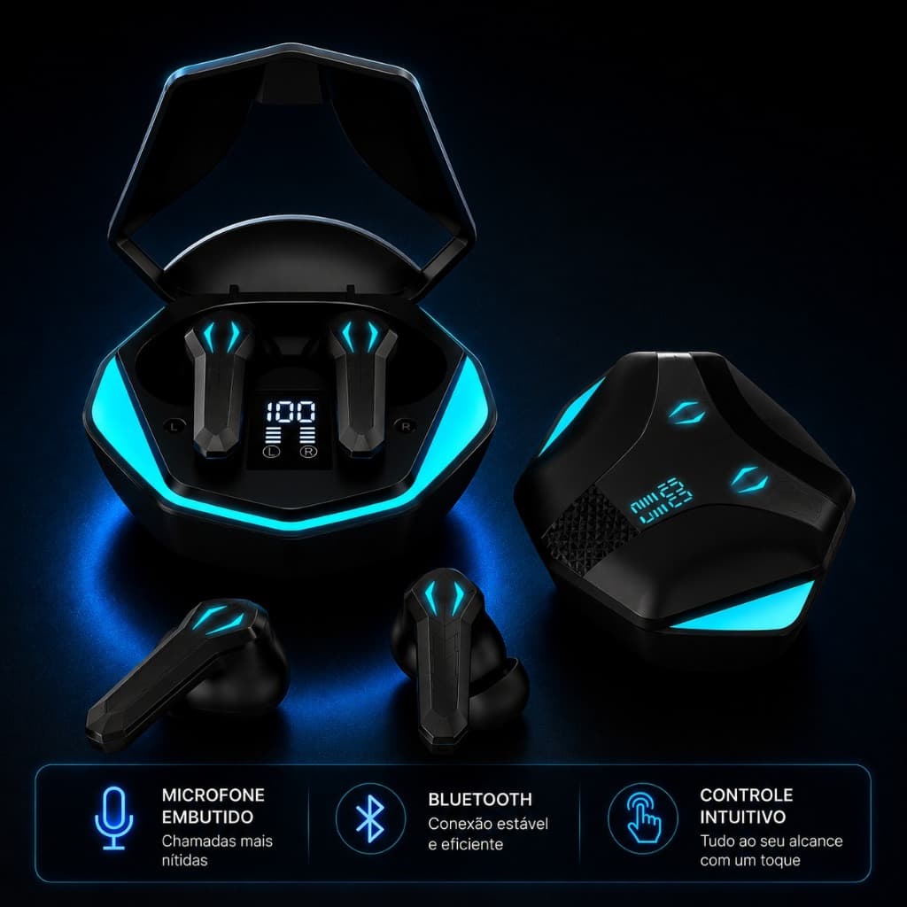 Fone de Ouvido Bluetooth Sem Fio Gamer Anti Ruido RGB + Microfone