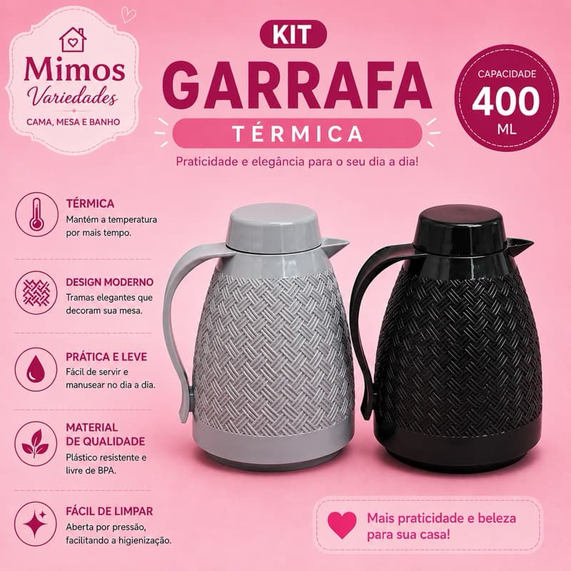 GARRAFA TÉRMICA 400ML COM ALÇA PARA CAFÉ/CHÁ/ÁGUA DESIGN TRANÇADO MODERNA CINZA OU PRETA