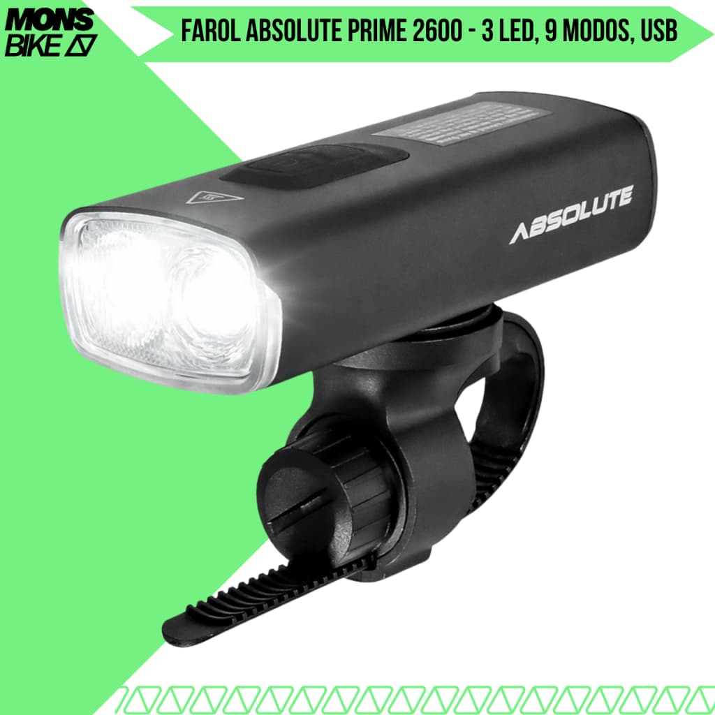 Farol Lanterna Bike Absolute Prime 2600 Lumens Usb 2 led Potente Com Power Bank Para Pedal Noturno