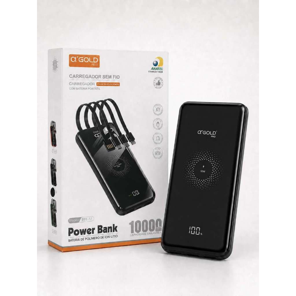 Power Bank 10000mAh Com Cabos Embutidos + Carregamento Sem Fio, Portátil Bateria Externa Digital 3.1A Alta Velocidade