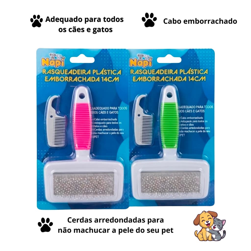 Rasqueadeira Plástica Emborrachada 14cm Com Pente Para Cães e Gatos