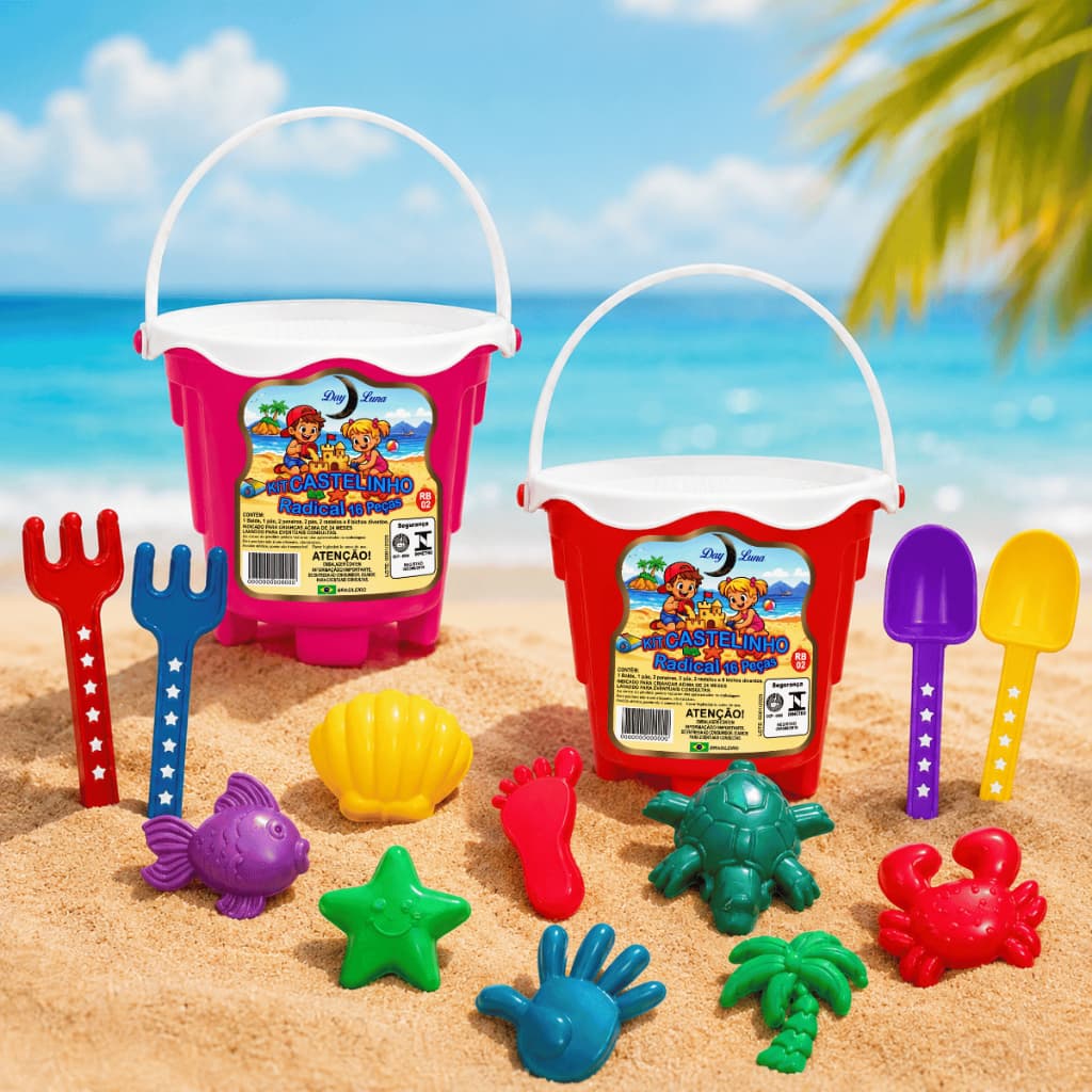 Kit 2 Baldinhos de Praia Castelinho 16 peças Day Luna Pá Peneira Rastelinho Moldes sortidos Lembrancinha