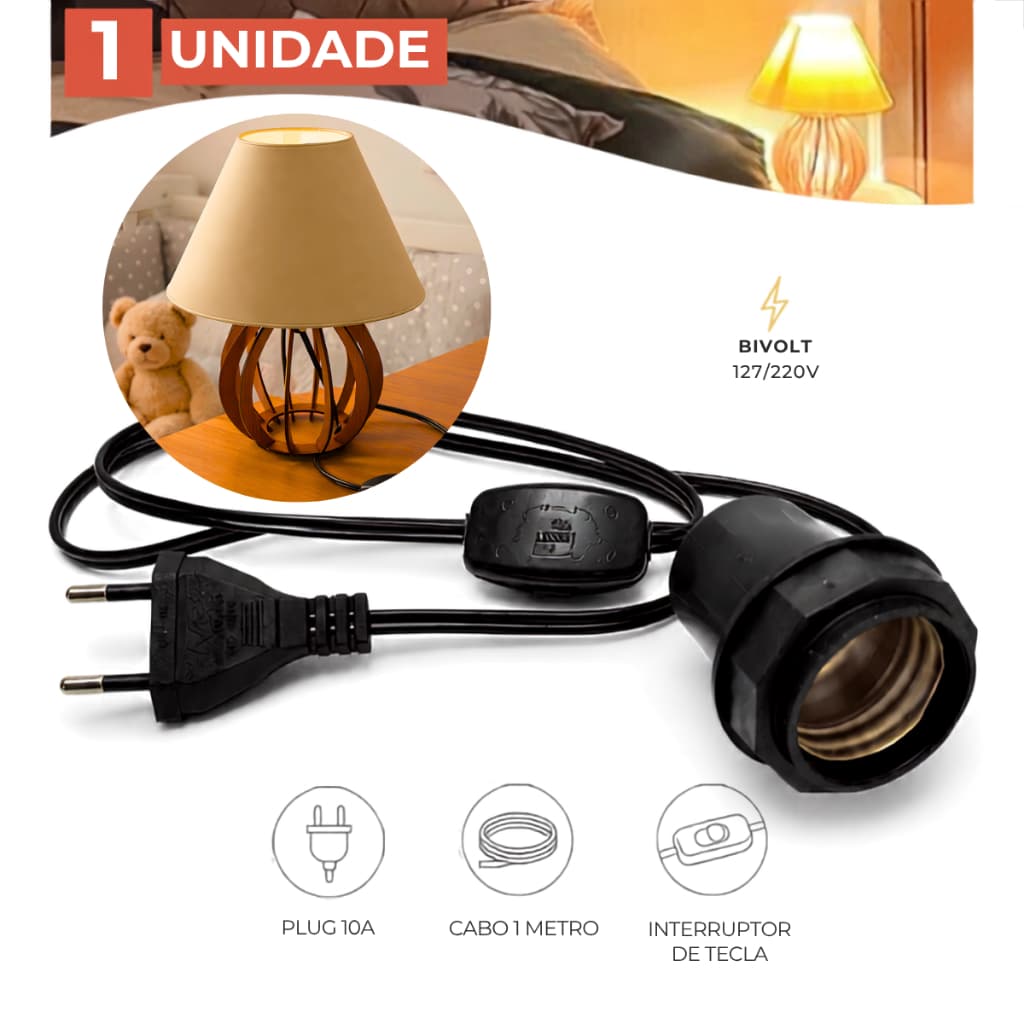 Cordão de Abajur com Cabo Rabicho e Canopla Soquete E27 Bivolt