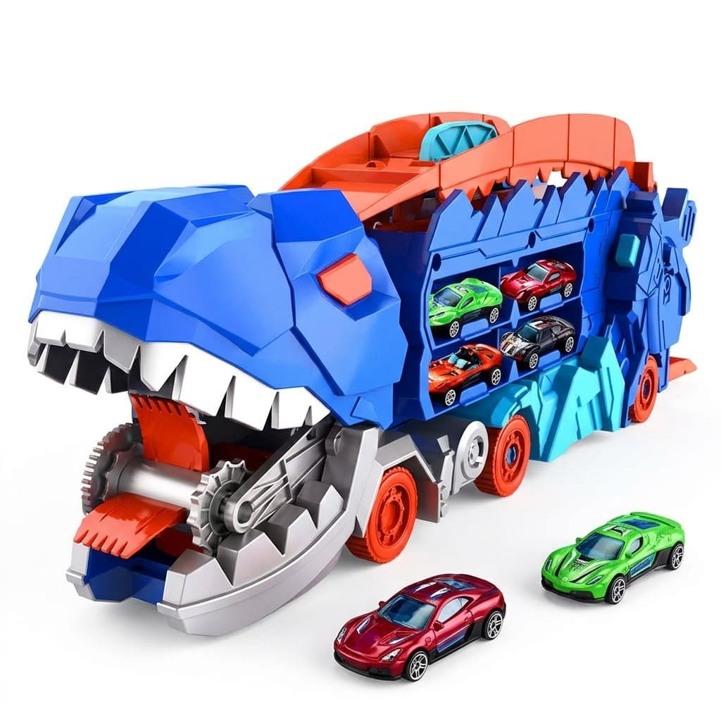 Caminhão Transporte Carros Dinossauro T-Rex Pista de Carrinhos e Maleta + 2 Carrinhos