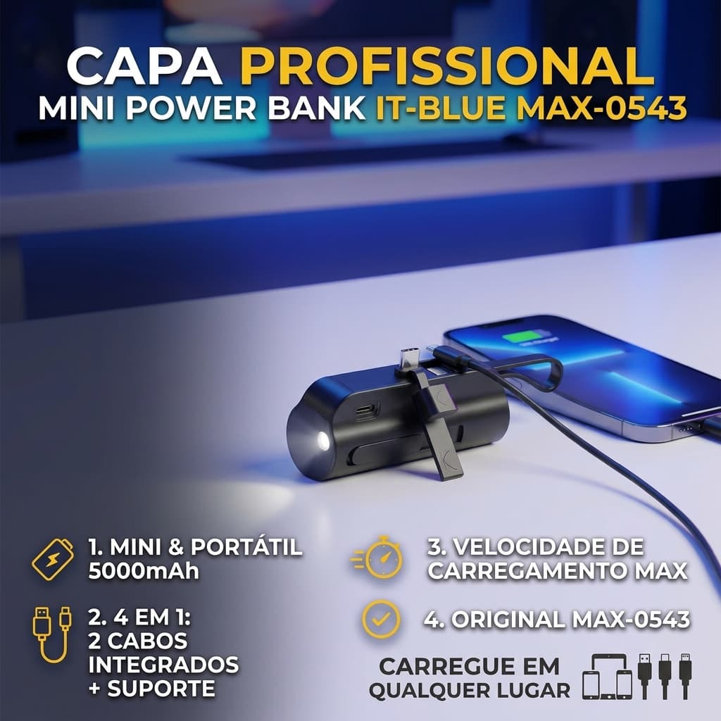 Mini Power Bank IT-Blue MAX-0543 5000mAh 4 em 1 com Suporte e Cabo Integrado Original