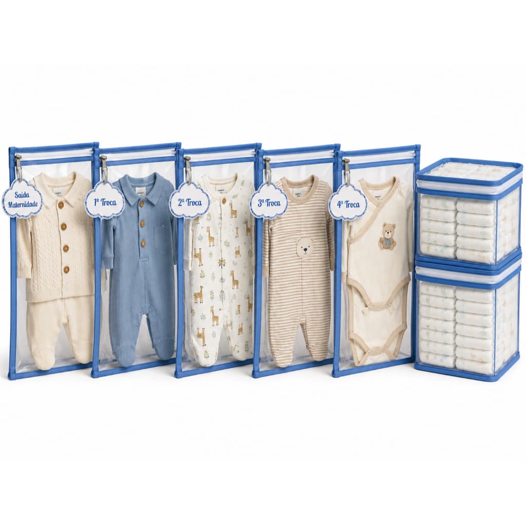 Kit 5 Saquinhos Maternidade Zíper com TAG de Identificação + 2 Nécessaire Porta Fraldas Remédio
