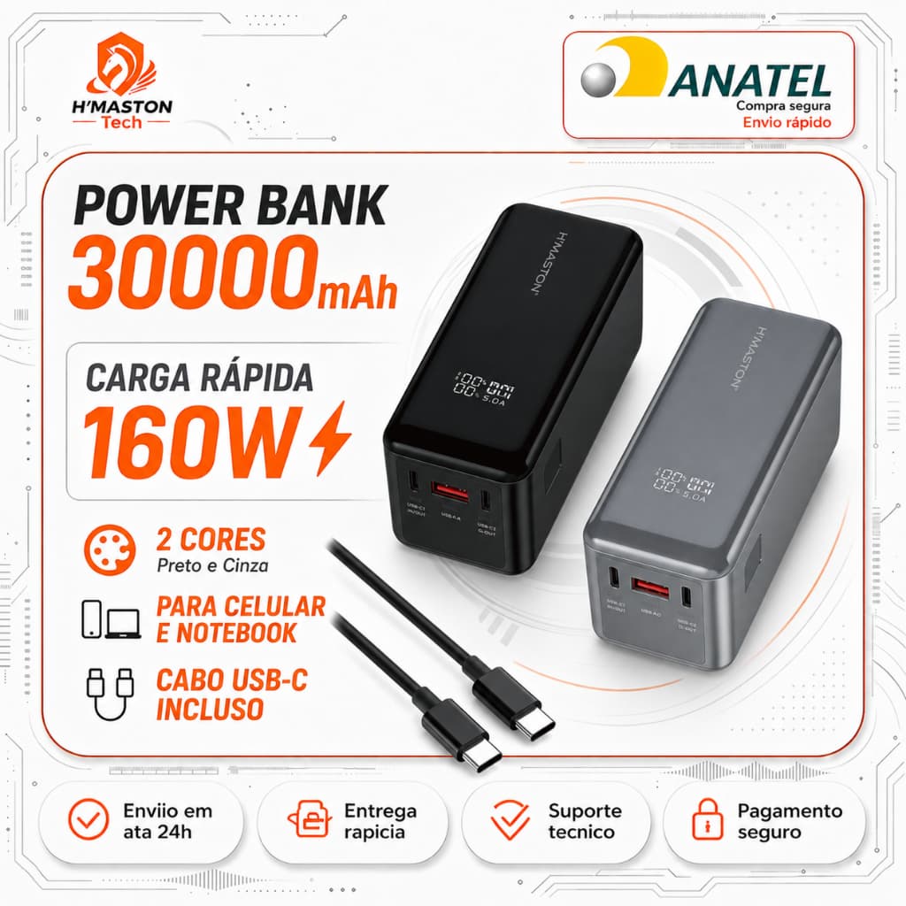 H'MASTON BJB02 Power Bank 30000mAh Turbo Carregador Portátil Para Celular Bateria Portatil Para Notebook 160W