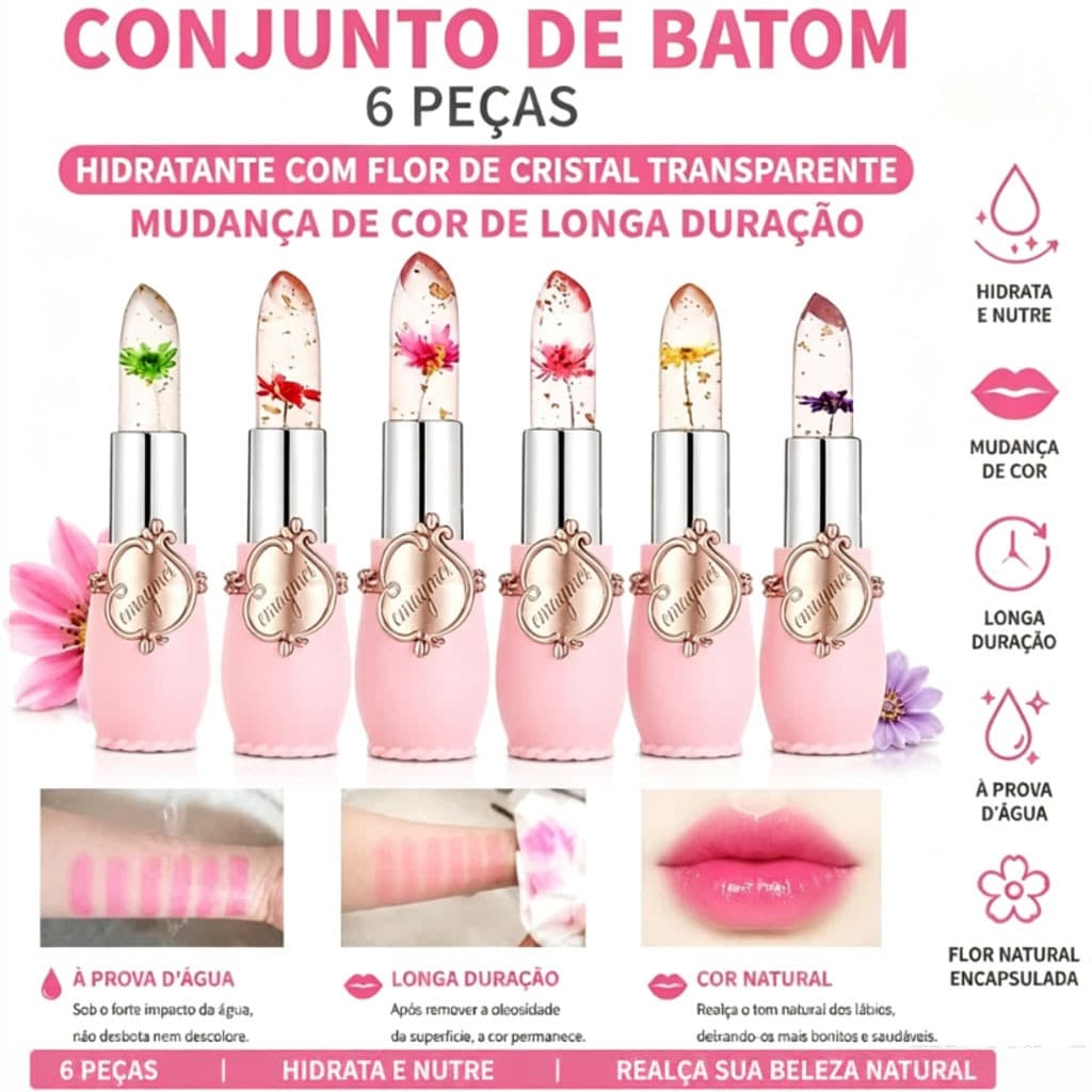 Kit 6 Batons Hidratantes com Flor Natural – Transparente Muda de Cor