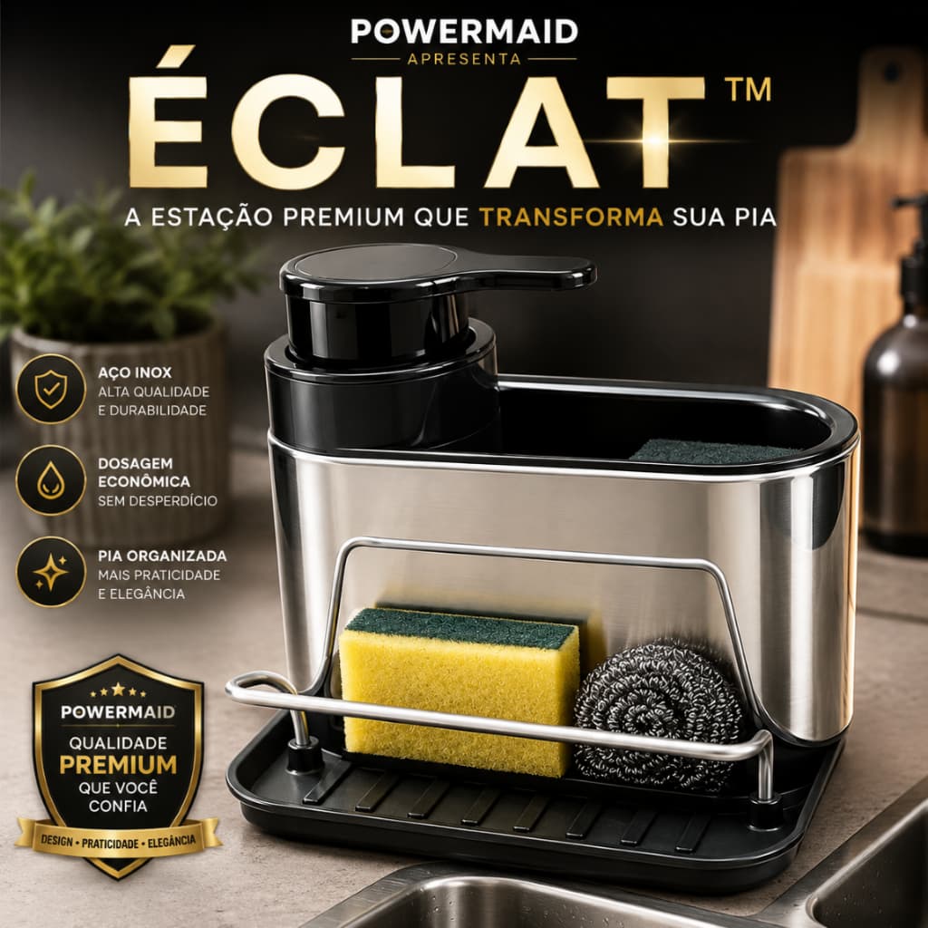 Dispenser de Detergente Éclat™ POWERMAID com Porta Esponja e Suporte para Acessórios de Cozinha em Aço Inox