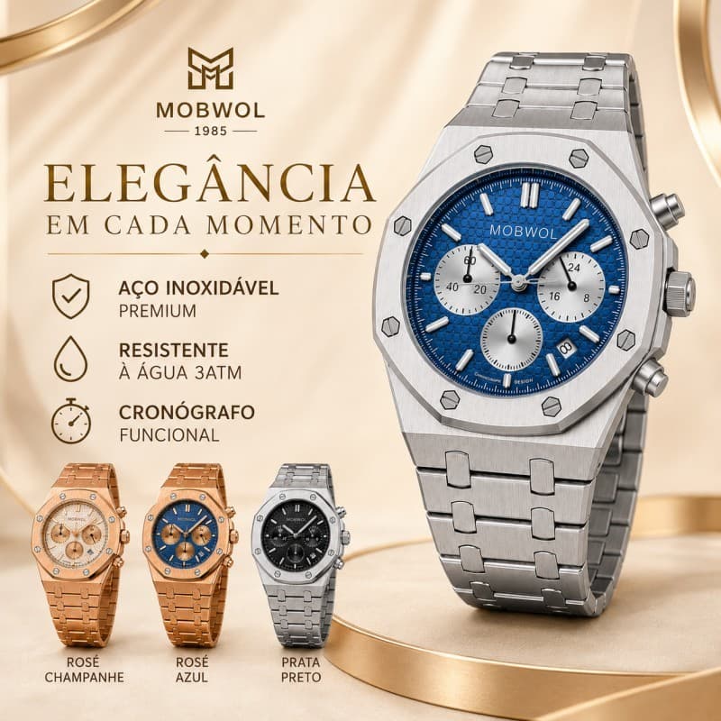 MOBWOL Relógio Masculino Luxo Cronógrafo Quartzo Aço Inoxidável Resistente à Água Esportivo Social