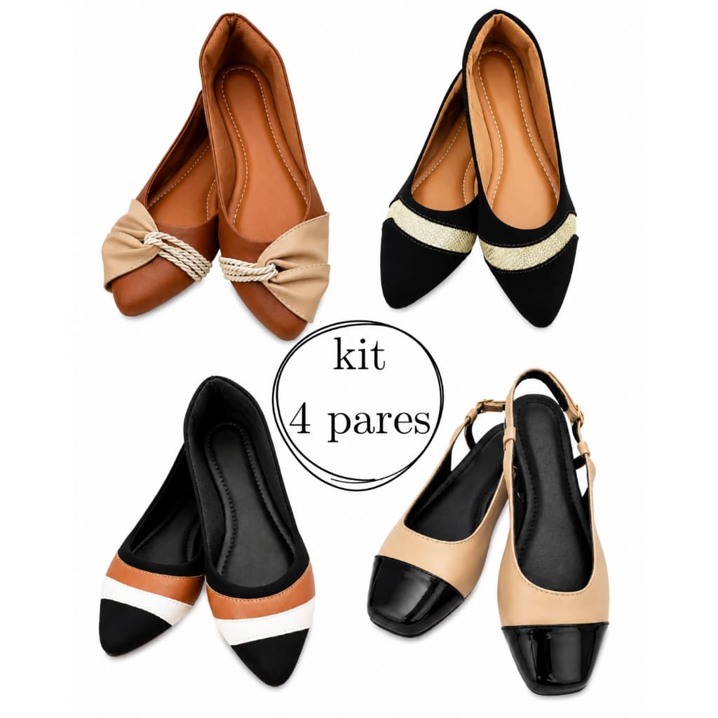 Kit 4 Pares Sapatilha Feminina Slingback  Bico Fino Confortável Casual Trabalho