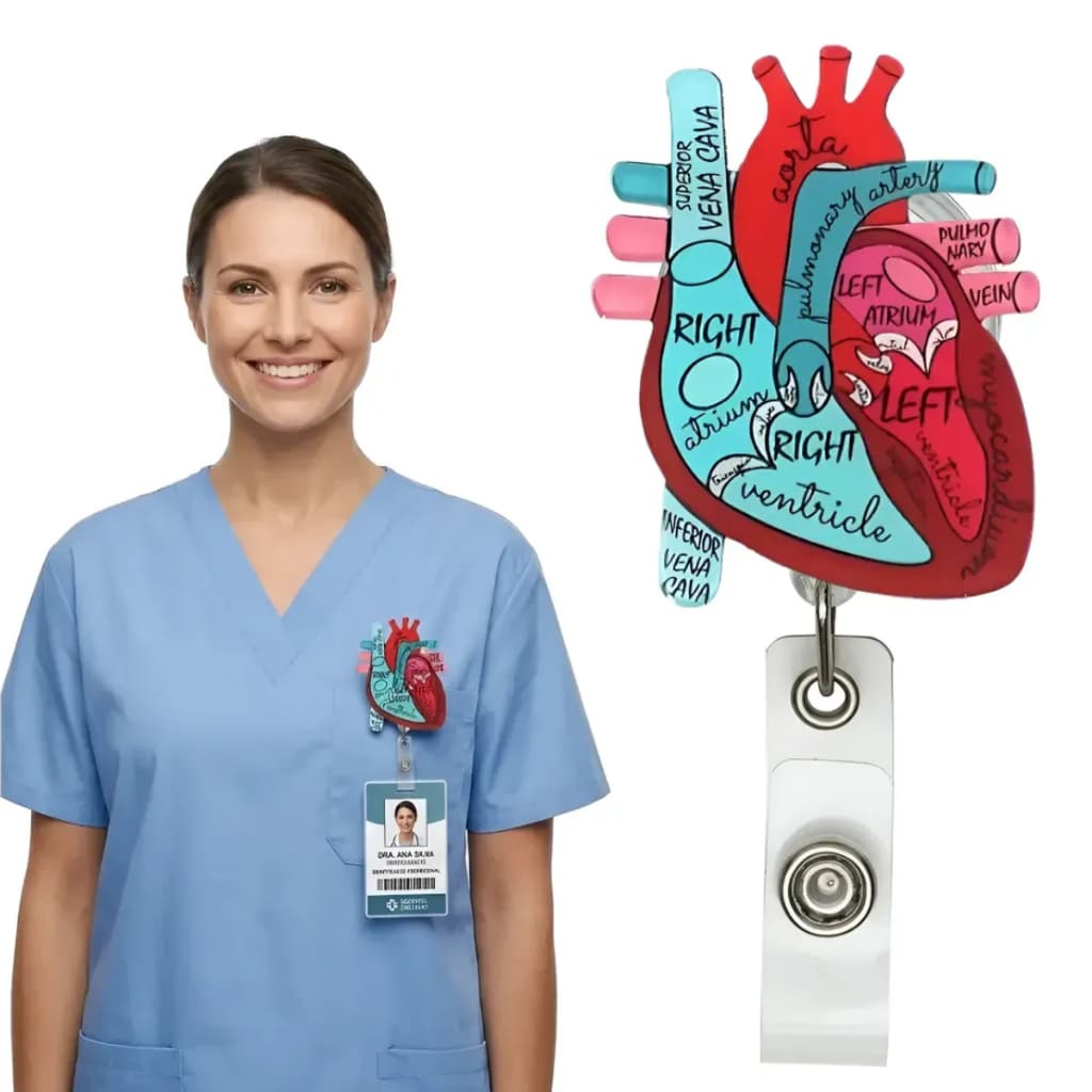 Porta Crachá Retrátil Roller Clip Acrílico Enfermagem Médico Cardiologia Estrutura Cardíaca