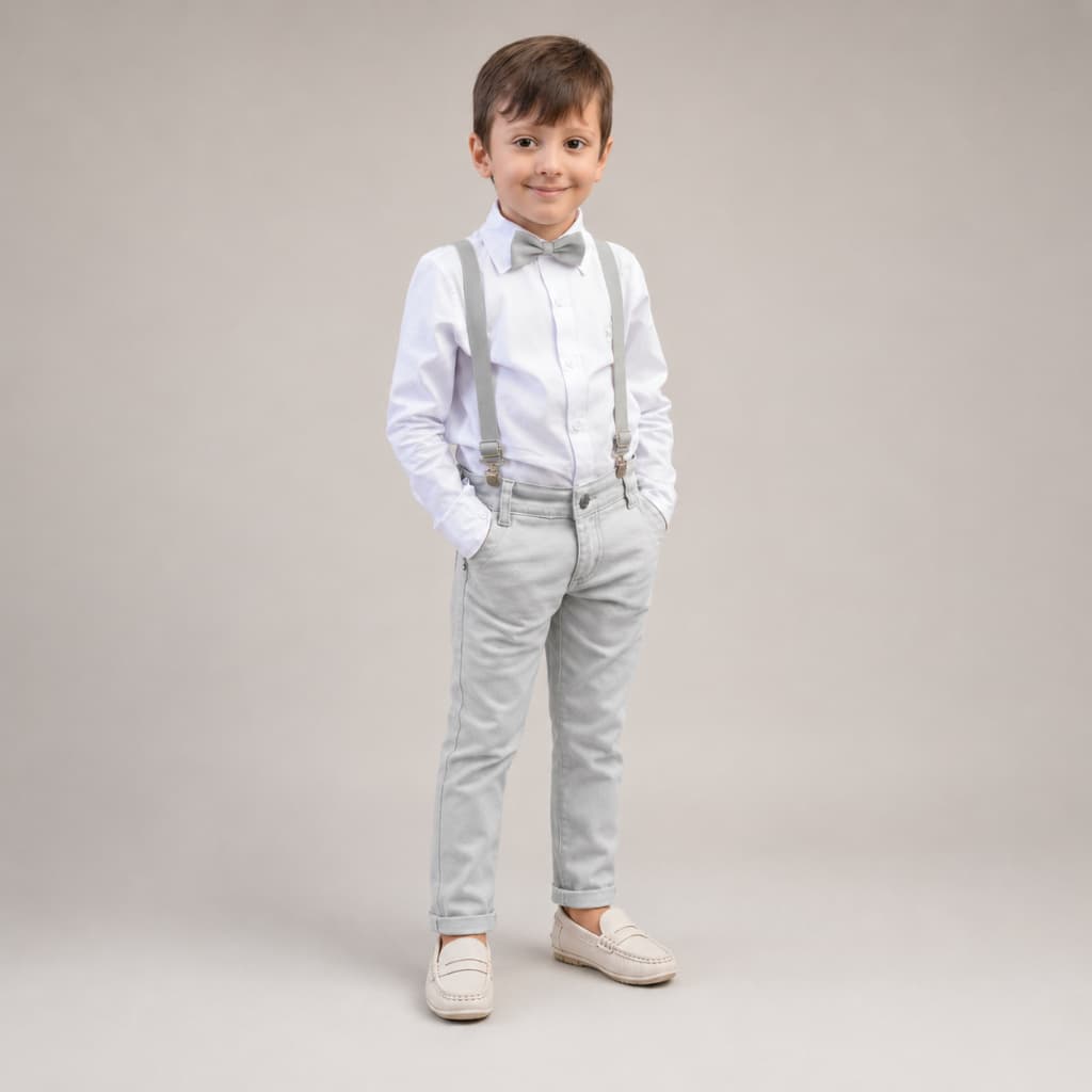 Conjunto Social Cinza Menino Bebê Batizado Casamento Pajem Camisa Calça Suspensório Gravata Festa Infantil