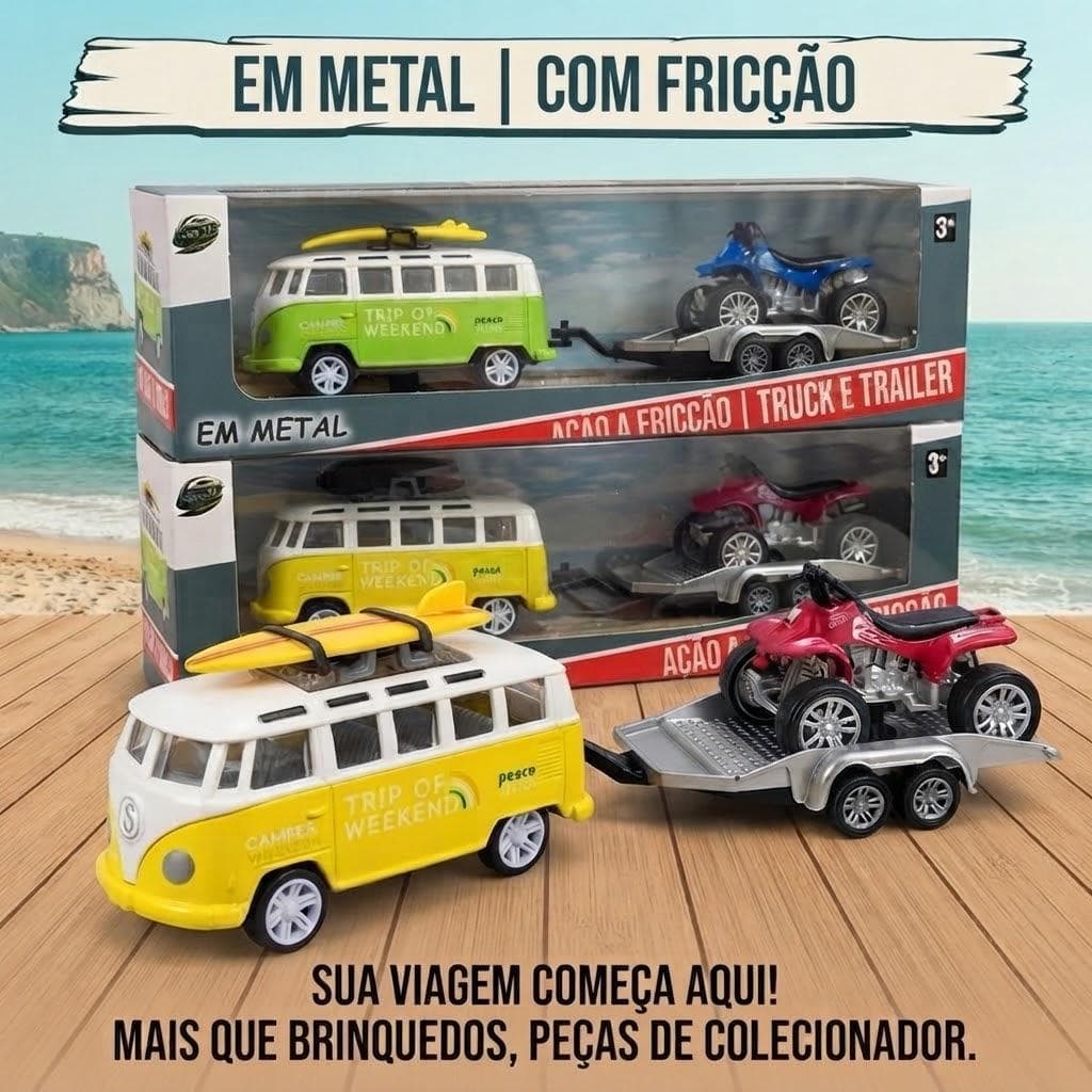 Miniatura de Kombi com Engate e Quadriciclo Escala 1.43 em Metal com Fricção - Carrinho de Ferro