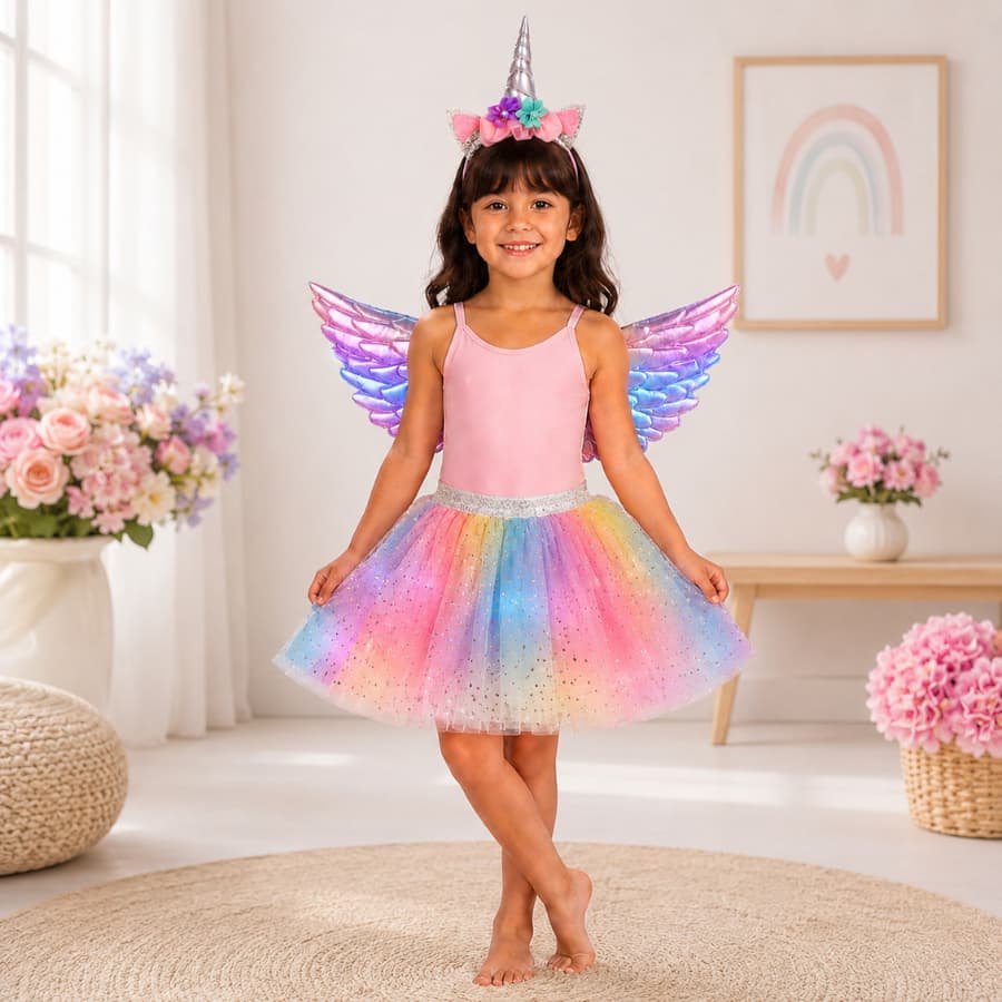 Fantasia Infantil Bailarina Unicórnio com Saia Tiara Asa Fantasia Carnaval Festa Folia Menina