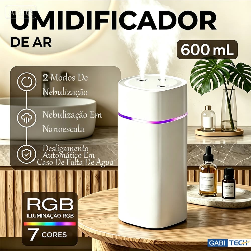 Umidificador De Ar Portátil Ultrassônico Bico Duplo Difusor Aromatizador De Ambiente Purificador De Ar 7 Luzes Coloridas