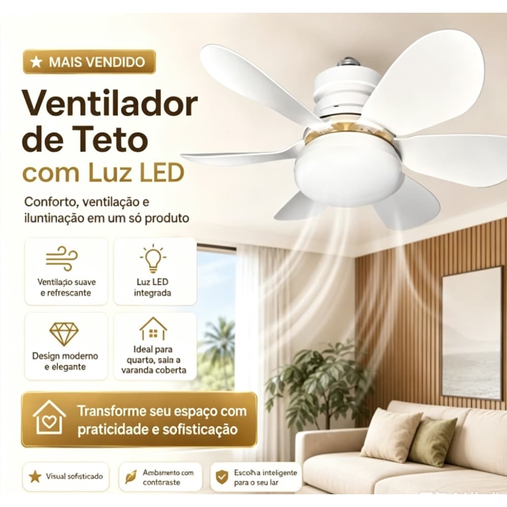 Ventilador de Teto LED Bivolt 6 Pás Silencioso Controle Remoto 3 Velocidades 3 Cores de Luz 60W Moderno Para Sala Quarto
