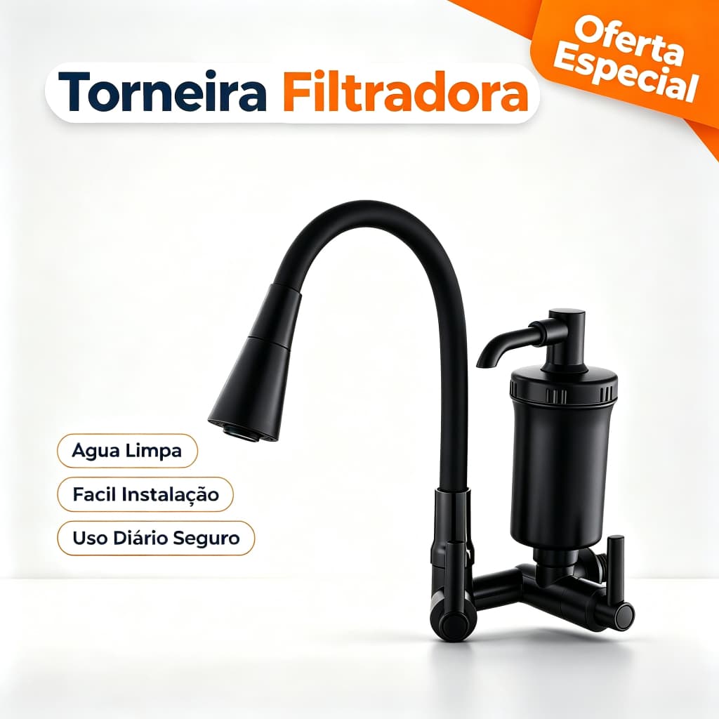 Torneira de Parede Cozinha com Filtro Purificador Dupla Função Cromada Monocomando Válvula Cerâmica, Instalação Rápida
