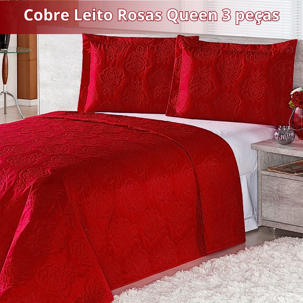Kit Cobre Leito Queen Rosas 3 Peças Dupla Face Matelado Ultrassônico Microfibra Elegante Macio