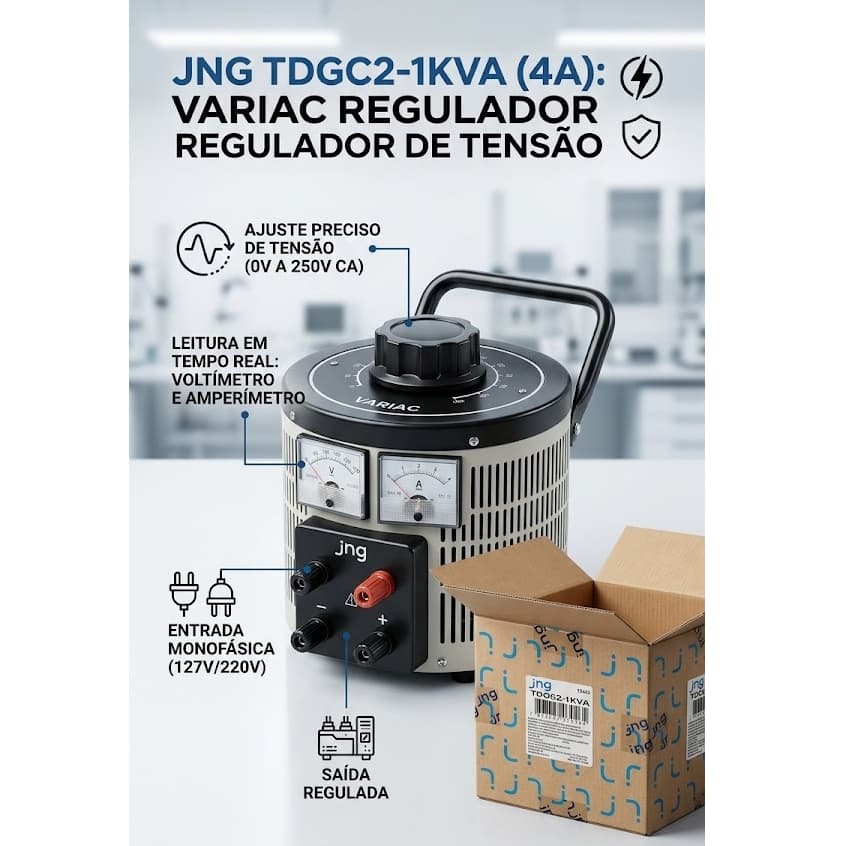 Variac Regulador de Tensão Manual JNG TDGC2-1KVA 4A (0-250V) Monofásico - Para Laboratório e Testes