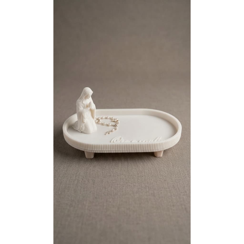 Bandeja Decorativa Porta Terço "Ore e Confie" com Imagem de Nossa Senhora + Opção Porta Vela LED – Decoração Religiosa