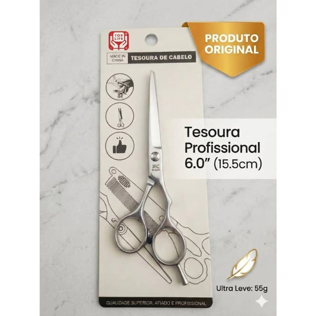 Tesoura De Cabelo Profissional R&C Brasil 6.0" (15.5cm) Ultra Leve 55g Inox Premium