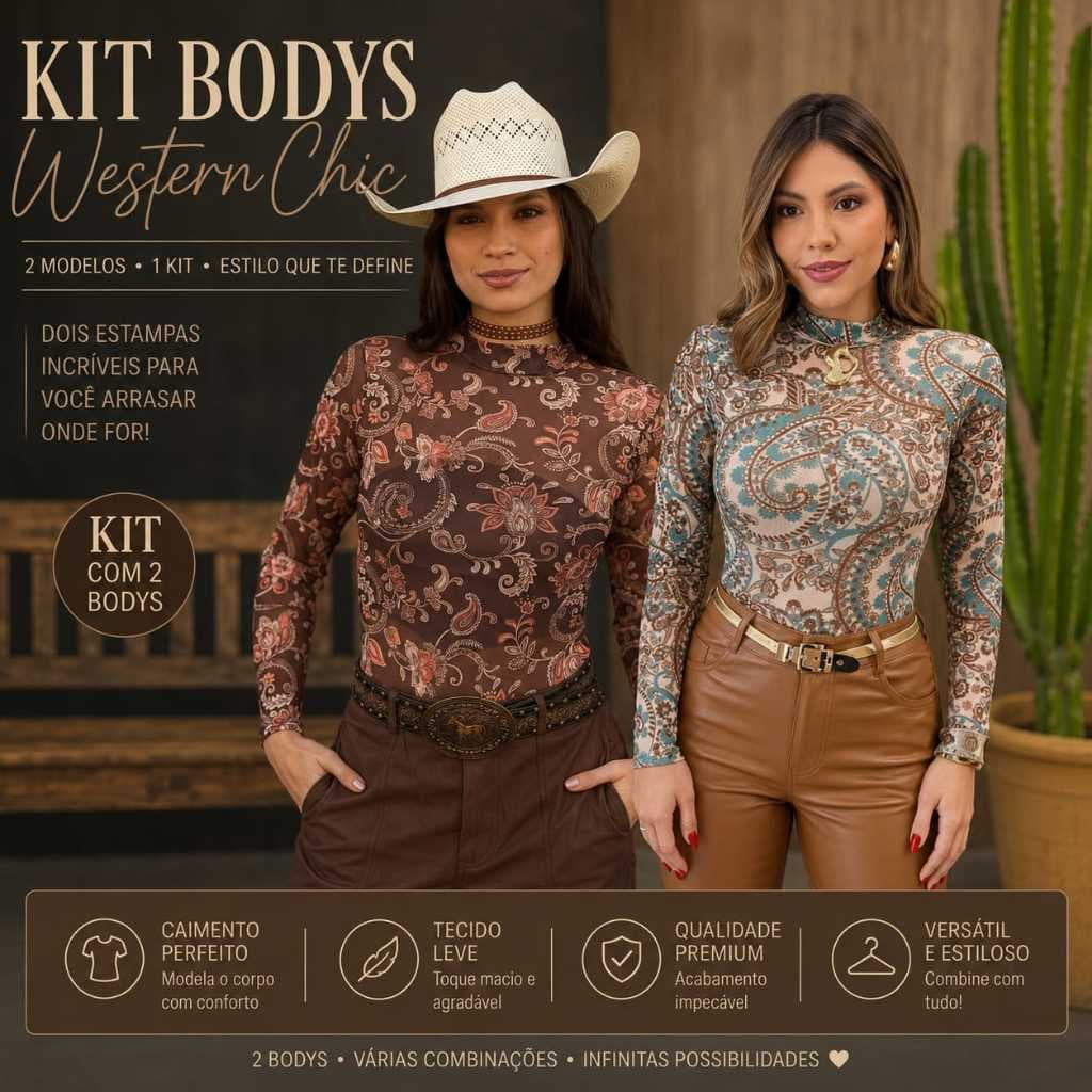 Kit Body Tule Transparente Estampa Paisley Gola Alta Moda Feminina Manga Longa Tendência