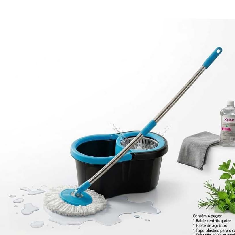 Mop Esfregão Giratório Magic Clean 360° - Azul Tiffany, Cabo Aço Inox, Microfibra Ultra Macia
